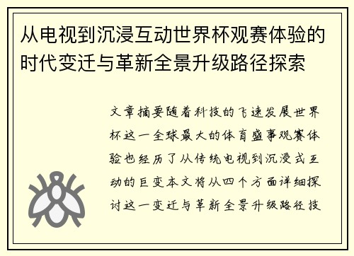 从电视到沉浸互动世界杯观赛体验的时代变迁与革新全景升级路径探索